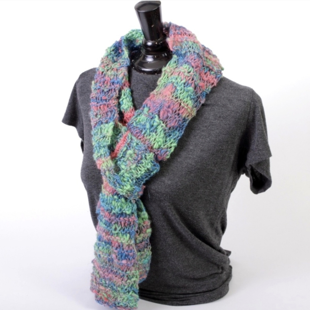 Scarf Handknit from Hand Spun Yarn Wool Bamboo & Silver Thread Handmade Unique